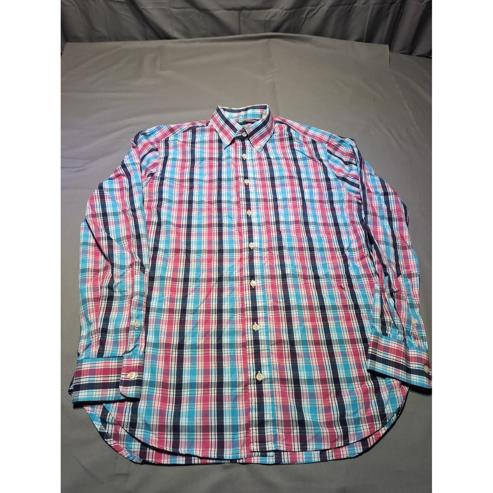Gitman Bros Shirt Mens Large Plaid Blue Pink Button Down Made USA Cotton Stain‎